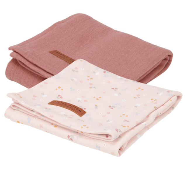 Little dutch muslinfilt pure pink/little pink flowers 70x70cm 2-pack