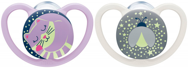 Nuk napp space night silikon 0-6mån rosa 2-pack