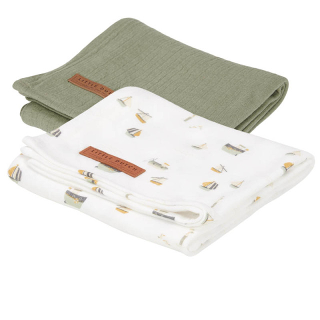 Little dutch muslinfilt pure olive/sailors bay white 70x70cm 2-pack