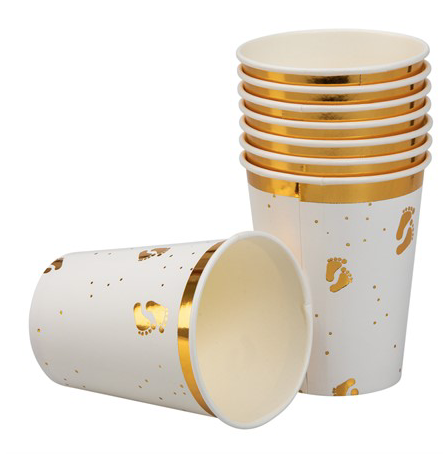 Babyshower mugg med babyfötter guld 8-pack