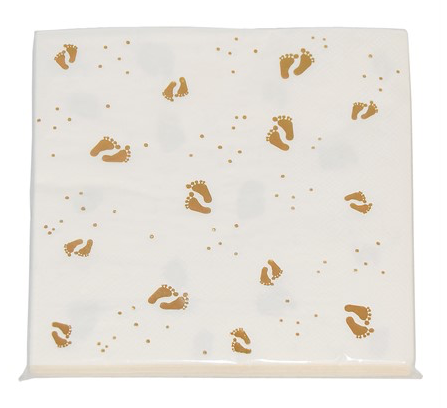 Babyshower servetter med babyfötter guld 16-pack