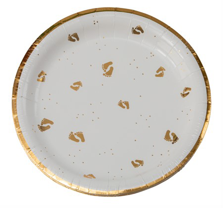 Babyshower tallrik babyfötter guld 33x33cm 8-pack