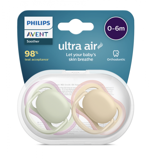 Avent napp ultra air 0-6mån silikon grön/sand 2-pack
