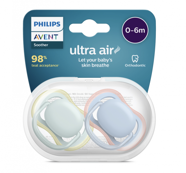 Avent napp ultra air 0-6mån silikon grön/blå 2-pack
