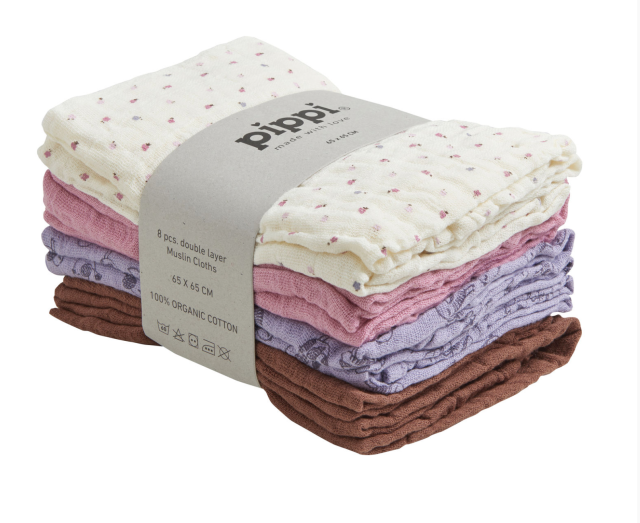 Pippi muslinfilt organic 8-pack wisteria 65x65cm
