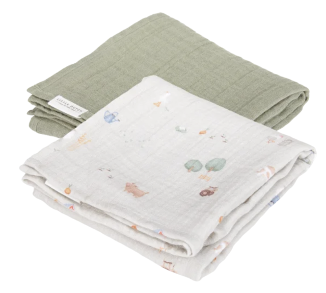 Little dutch muslinfilt little farm/olive 70x70cm 2-pack